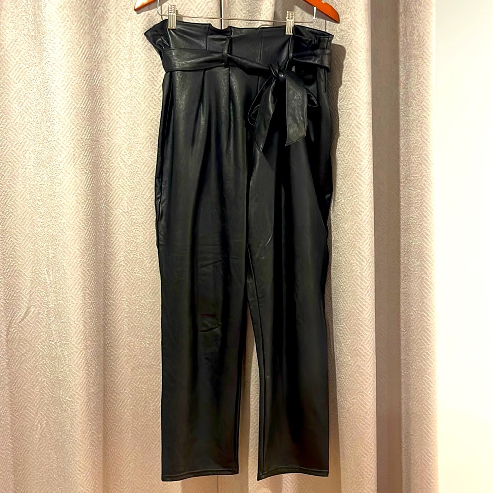 Vegan Leather Paper Bag Pants - Black